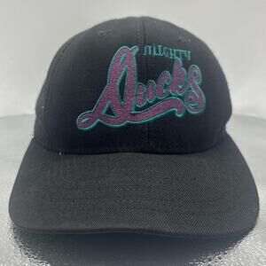 VTG 90s Mighty Ducks Hat Cap Men Snap Back Black Nutmeg Mills NHL Hockey